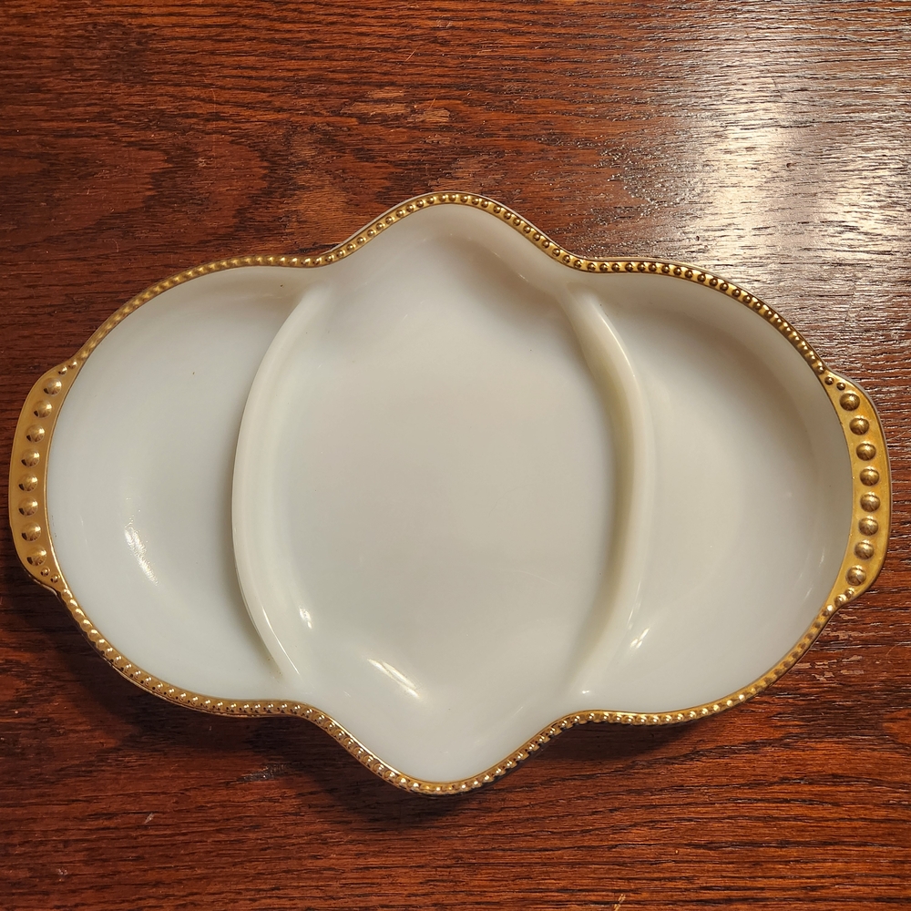 Anchor Hocking Fire King Milk Glass Divided Dish With Gold Trim